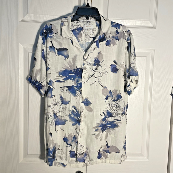 Porter Ash Shirt Men Large White Blue Floral Linen Blend Hawaiian Button Up - Picture 1 of 12